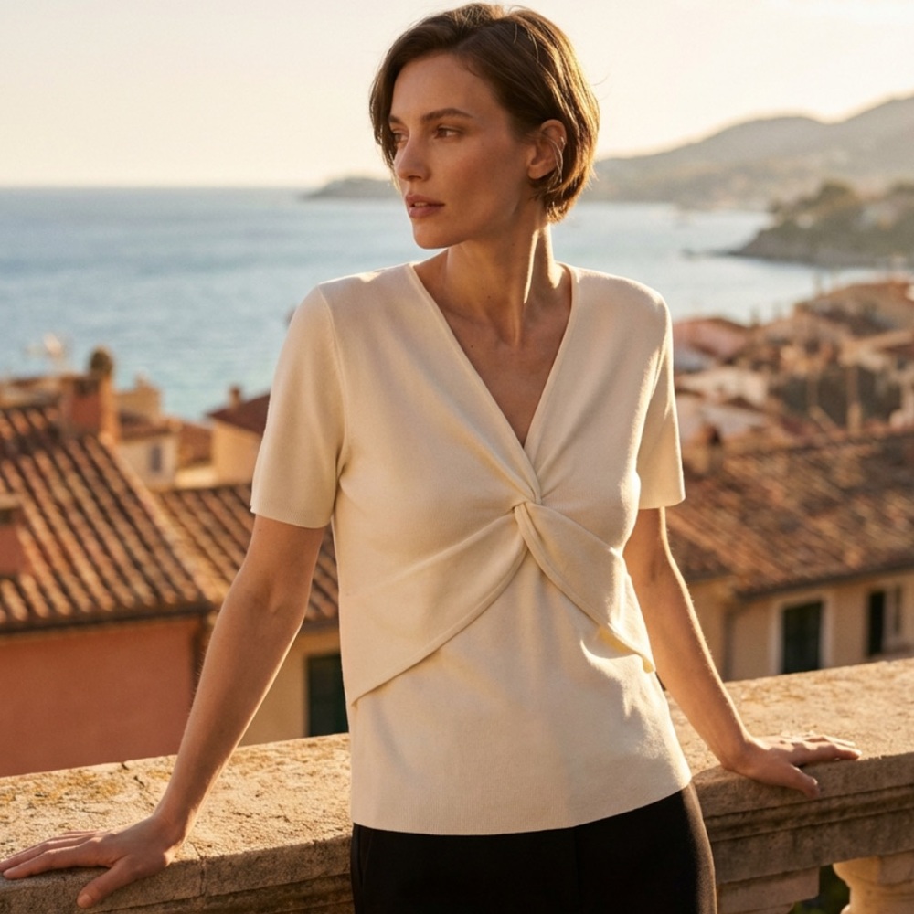 Ann Taylor White Mixed Texture ribbed with twist tie Short Sleeve Top size Small